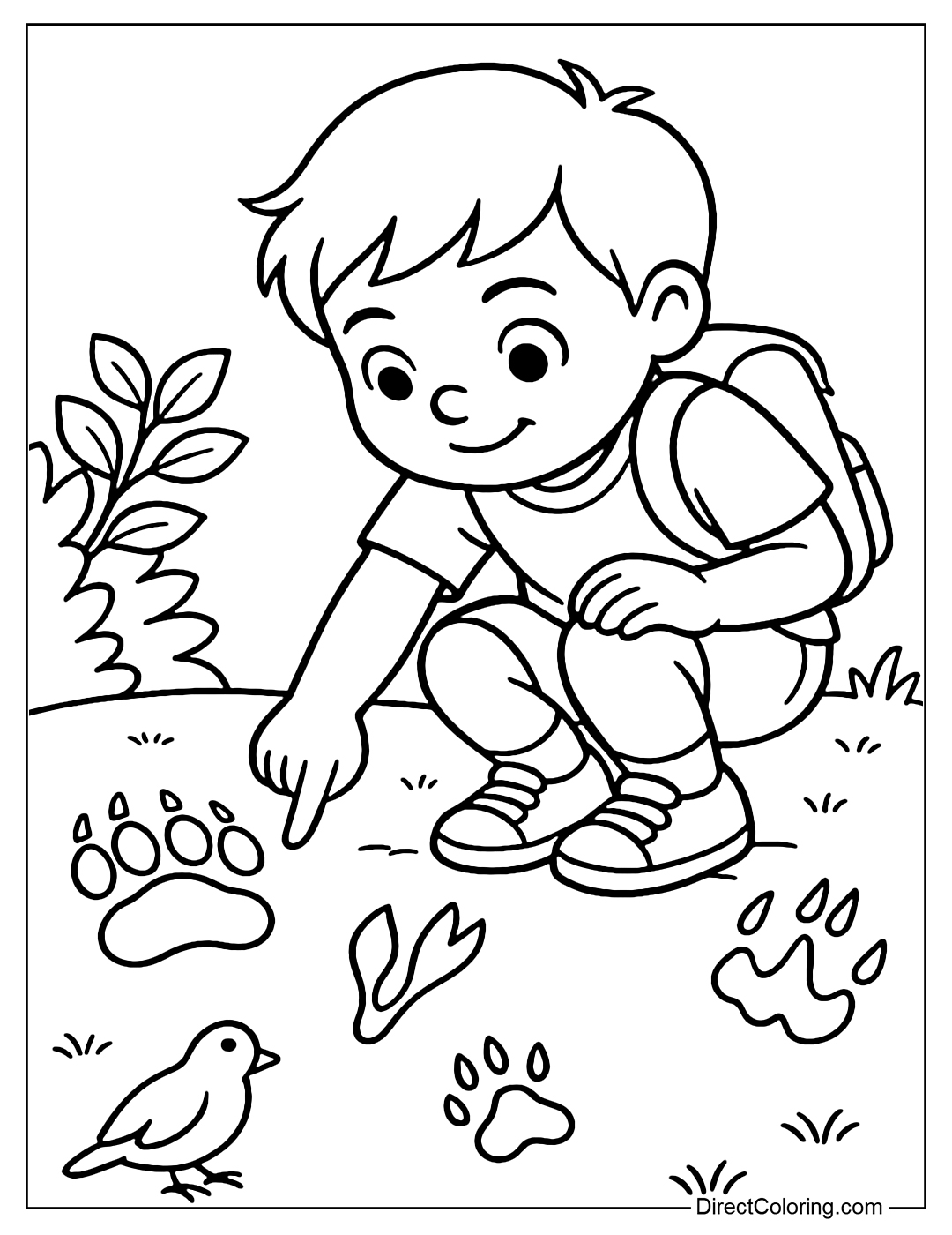 A coloring page of a child bending down to look at animal tracks on the ground – next to a bear, deer, bird and lynx tracks.